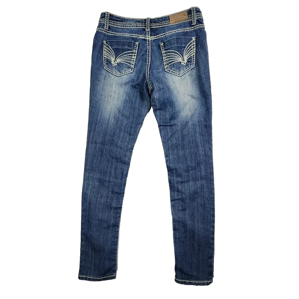 Almost Famous‎ Skinny Jeans Blue Womens Size 9 Thick Stitch Rhinestone Wing Y2K